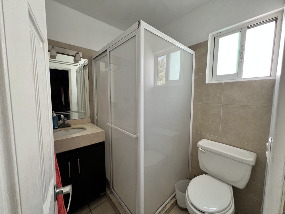 Casa moderna con rejas y palmeras.